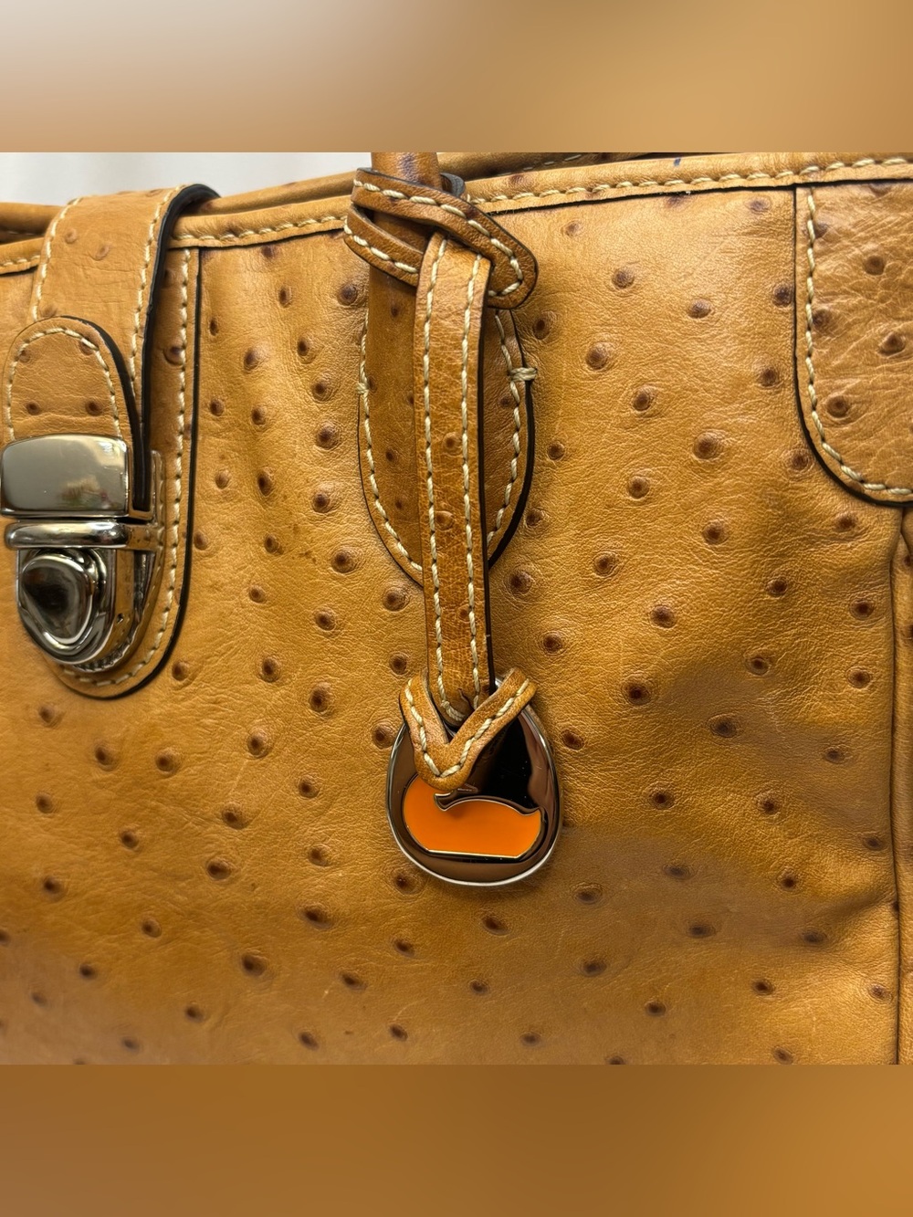 Vintage Dooney & Bourke Ostrich Embossed Leather Satchel Tan w/ Duck Charm - Picture 3 of 14